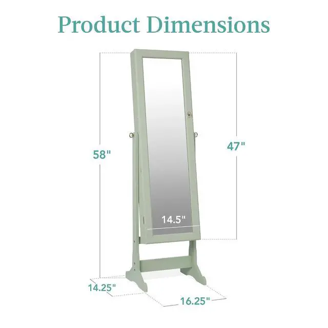 Alt view image 7 of 7 - Freestanding Jewelry Armoire Cabinet, Full Length Standing Mirror, Lockable Makeup Storage Organizer, w/Velvet Lining, 3 Angles, Lock, Accessory Pouch, 5 Shelves - Sage