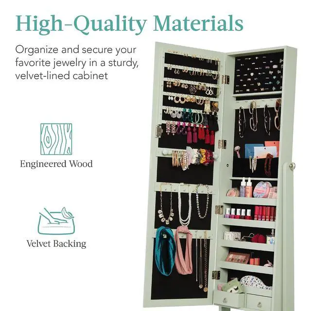 Alt view image 5 of 7 - Freestanding Jewelry Armoire Cabinet, Full Length Standing Mirror, Lockable Makeup Storage Organizer, w/Velvet Lining, 3 Angles, Lock, Accessory Pouch, 5 Shelves - Sage