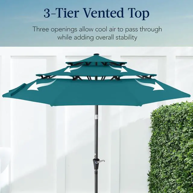 Alt view image 3 of 7 - 10ft 3-Tier Market Patio Umbrella, Outdoor Sun Shade with Tilt, Crank Lift, 8 Ribs for Backyard, Deck, Poolside Cerulean