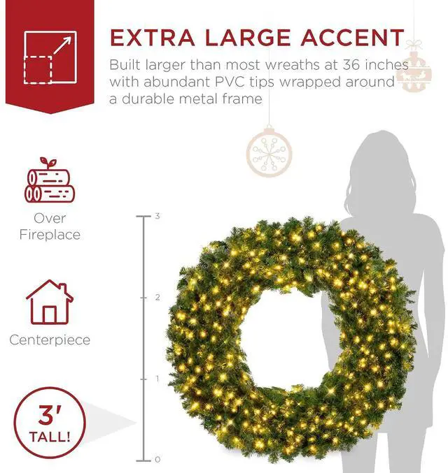 Alt view image 4 of 7 - 36in Large Artificial Pre-Lit Fir Christmas Wreath Holiday Accent Decoration w/ 150 LED Lights, 300 PVC Tips