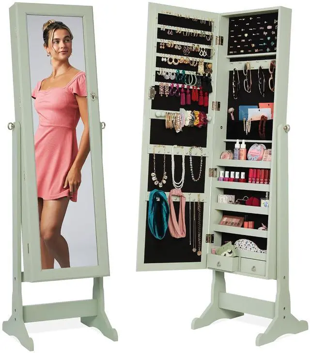 Main image of Freestanding Jewelry Armoire Cabinet, Full Length Standing Mirror, Lockable Makeup Storage Organizer, w/Velvet Lining, 3 Angles, Lock, Accessory Pouch, 5 Shelves - Sage