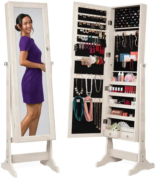 Main image of Freestanding Jewelry Armoire Cabinet, Full Length Standing Mirror, Lockable Makeup Storage Organizer, w/Velvet Lining, 3 Angles, Lock, Accessory Pouch, 5 Shelves - Coastal White