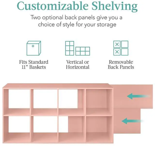 Alt view image 3 of 7 - Best Choice Products Kids Bookcase 8-Cube Storage Organizer, 11in Shelf Opening, Bookshelf, Toy Storage, Customizable w/ 3 Removable Back Panels Light Pink