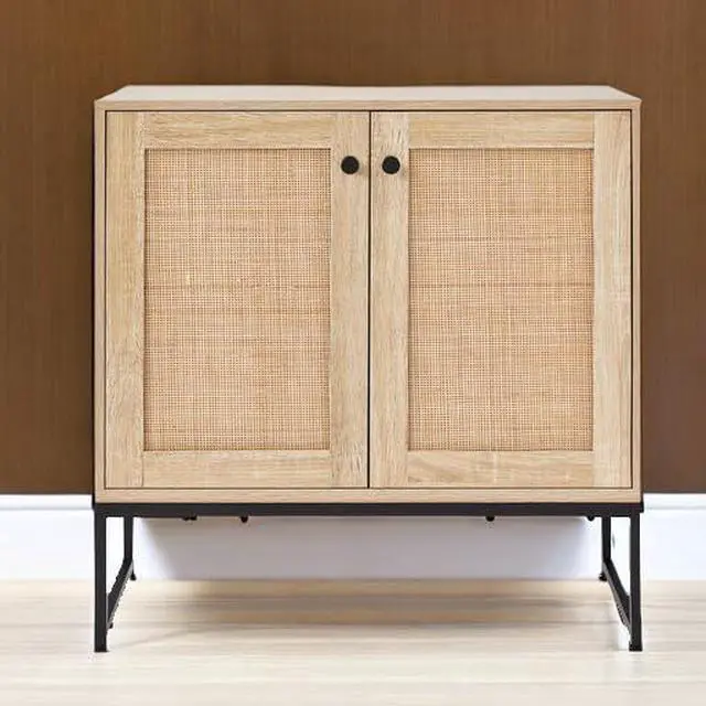 Alt view image 5 of 7 - 2-Door Rattan Storage Cabinet, Accent Furniture, Multifunctional Cupboard for Living Room, Hallway, Kitchen, Sideboard, Buffet Table w/Non-Scratch Foot Pads - Natural