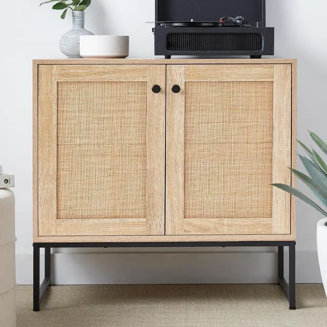 Alt view image 2 of 7 - 2-Door Rattan Storage Cabinet, Accent Furniture, Multifunctional Cupboard for Living Room, Hallway, Kitchen, Sideboard, Buffet Table w/Non-Scratch Foot Pads - Natural