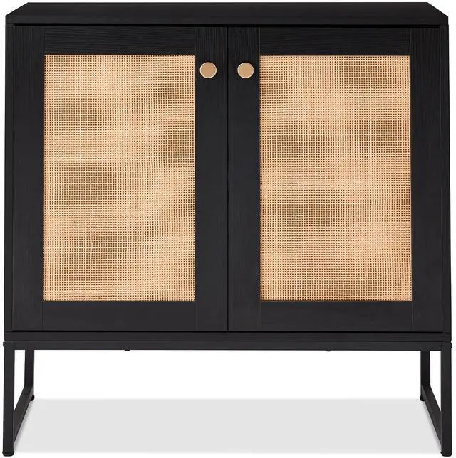 Main image of 2-Door Rattan Storage Cabinet, Accent Furniture, Multifunctional Cupboard for Living Room, Hallway, Kitchen, Sideboard, Buffet Table w/Non-Scratch Foot Pads - Black