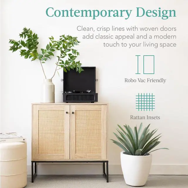 Alt view image 6 of 7 - 2-Door Rattan Storage Cabinet, Accent Furniture, Multifunctional Cupboard for Living Room, Hallway, Kitchen, Sideboard, Buffet Table w/Non-Scratch Foot Pads - Natural