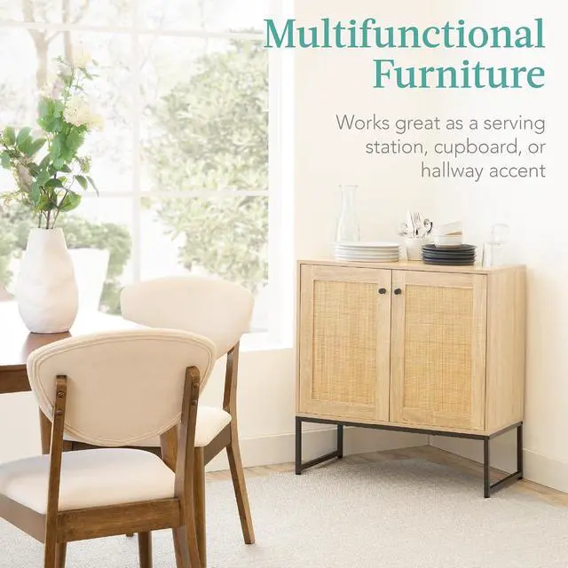 Alt view image 7 of 7 - 2-Door Rattan Storage Cabinet, Accent Furniture, Multifunctional Cupboard for Living Room, Hallway, Kitchen, Sideboard, Buffet Table w/Non-Scratch Foot Pads - Natural