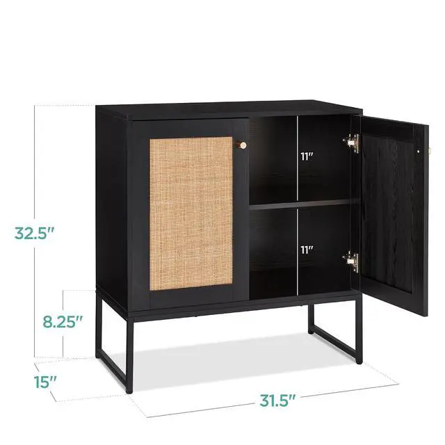 Alt view image 3 of 7 - 2-Door Rattan Storage Cabinet, Accent Furniture, Multifunctional Cupboard for Living Room, Hallway, Kitchen, Sideboard, Buffet Table w/Non-Scratch Foot Pads - Black