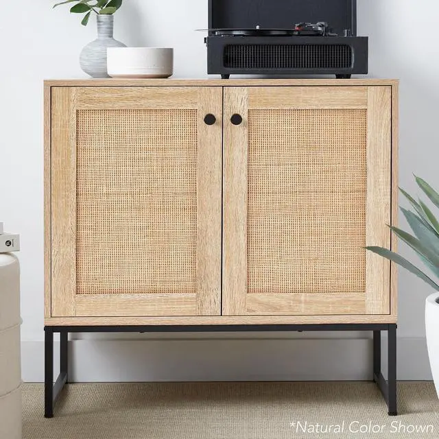 Alt view image 2 of 7 - 2-Door Rattan Storage Cabinet, Accent Furniture, Multifunctional Cupboard for Living Room, Hallway, Kitchen, Sideboard, Buffet Table w/Non-Scratch Foot Pads - Black