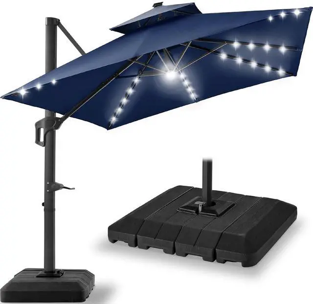 Main image of 9x12ft LED Cantilever Patio Umbrella w/Base Included & 360° Rotation, Large Solar Offset Hanging Outdoor Sun Shade for Deck, Backyard Table w/Stand & Lights Navy Blue