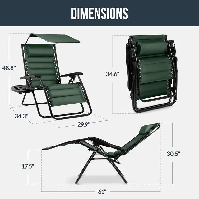 Alt view image 2 of 7 - Oversized Padded Zero Gravity Chair w/Canopy Headrest Cup Holder Side Tray, Folding Outdoor Patio Recliner Lounger - Forest Green