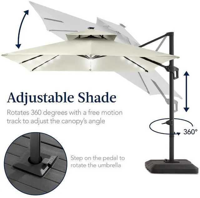 Alt view image 5 of 7 - 12x12ft LED Cantilever Patio Umbrella w/Base Included & 360° Rotation, Large Solar Offset Hanging Outdoor Sun Shade for Deck, Backyard Table w/Stand & Lights Ivory
