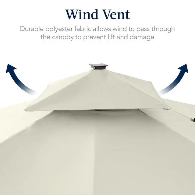 Alt view image 7 of 7 - 12x12ft LED Cantilever Patio Umbrella w/Base Included & 360° Rotation, Large Solar Offset Hanging Outdoor Sun Shade for Deck, Backyard Table w/Stand & Lights Ivory
