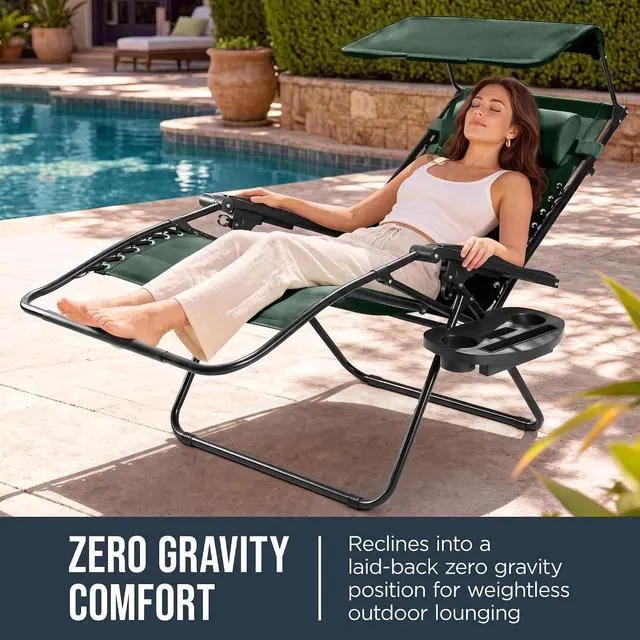 Alt view image 3 of 7 - Oversized Padded Zero Gravity Chair w/Canopy Headrest Cup Holder Side Tray, Folding Outdoor Patio Recliner Lounger - Forest Green