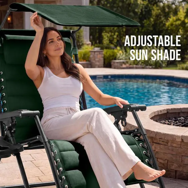 Alt view image 4 of 7 - Oversized Padded Zero Gravity Chair w/Canopy Headrest Cup Holder Side Tray, Folding Outdoor Patio Recliner Lounger - Forest Green