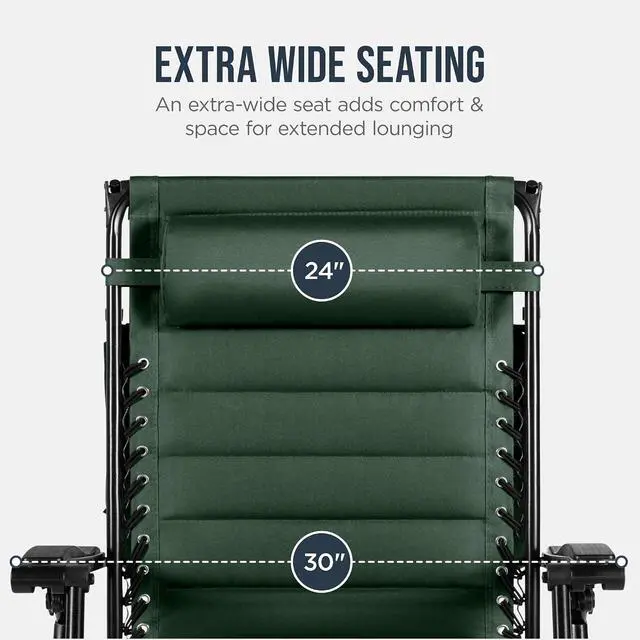Alt view image 5 of 7 - Oversized Padded Zero Gravity Chair w/Canopy Headrest Cup Holder Side Tray, Folding Outdoor Patio Recliner Lounger - Forest Green