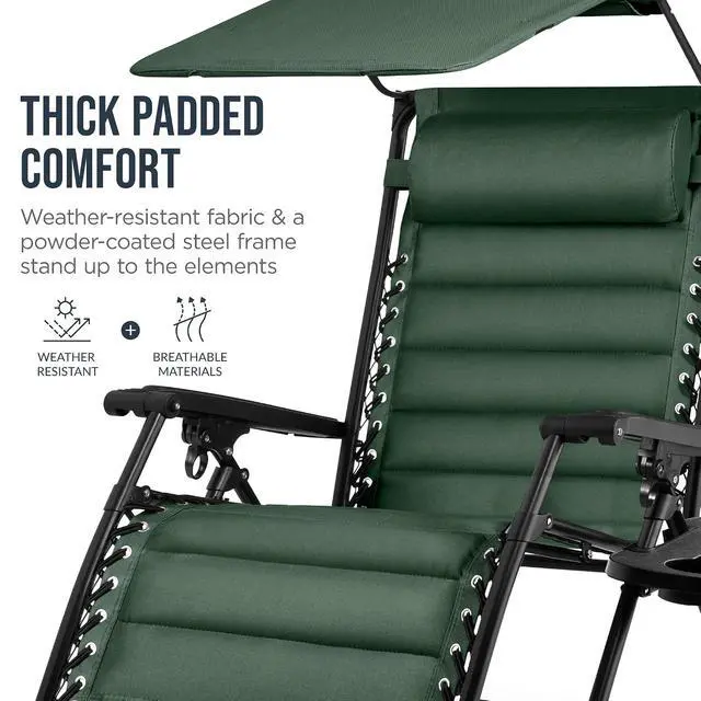 Alt view image 6 of 7 - Oversized Padded Zero Gravity Chair w/Canopy Headrest Cup Holder Side Tray, Folding Outdoor Patio Recliner Lounger - Forest Green