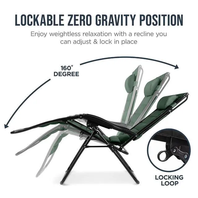 Alt view image 7 of 7 - Oversized Padded Zero Gravity Chair w/Canopy Headrest Cup Holder Side Tray, Folding Outdoor Patio Recliner Lounger - Forest Green