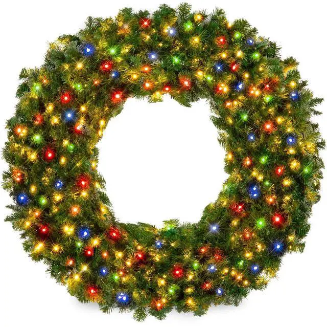 Main image of 36in Large Artificial Pre-Lit Fir Christmas Wreath Holiday Accent Decoration w/ 150 Multicolor Lights, 300 PVC Tips