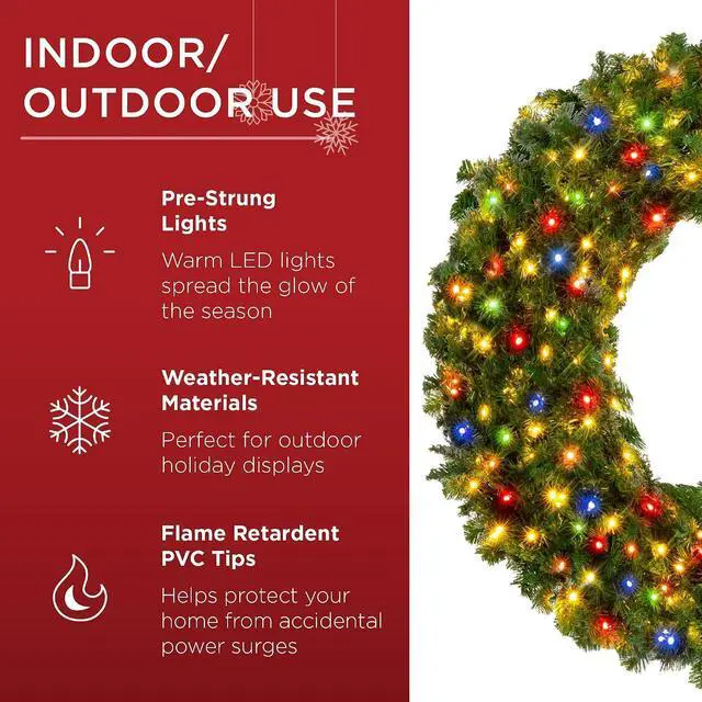 Alt view image 5 of 7 - 36in Large Artificial Pre-Lit Fir Christmas Wreath Holiday Accent Decoration w/ 150 Multicolor Lights, 300 PVC Tips