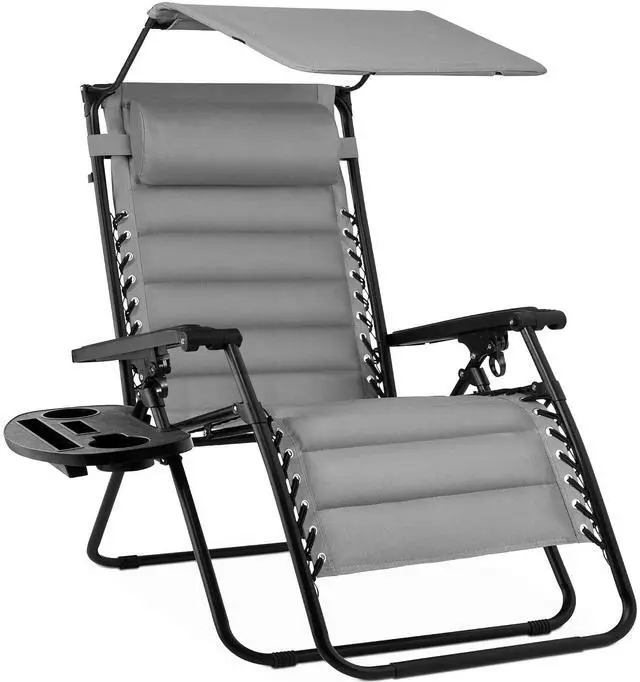Main image of Oversized Padded Zero Gravity Chair w/Canopy Headrest Cup Holder Side Tray, Folding Outdoor Patio Recliner Lounger - Ice Gray