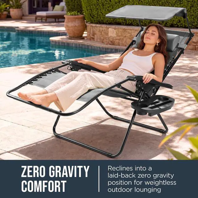 Alt view image 3 of 7 - Oversized Padded Zero Gravity Chair w/Canopy Headrest Cup Holder Side Tray, Folding Outdoor Patio Recliner Lounger - Ice Gray