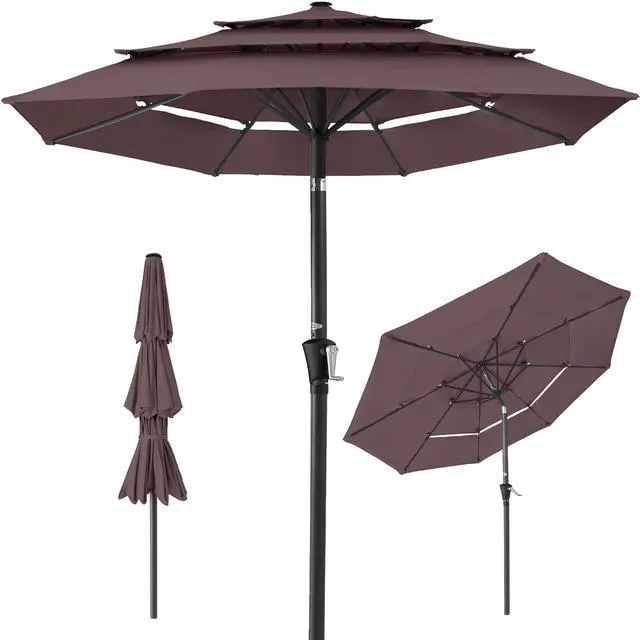 Main image of 10ft 3-Tier Market Patio Umbrella, Outdoor Sun Shade with Tilt, Crank Lift, 8 Ribs for Backyard, Deck, Poolside Deep Taupe