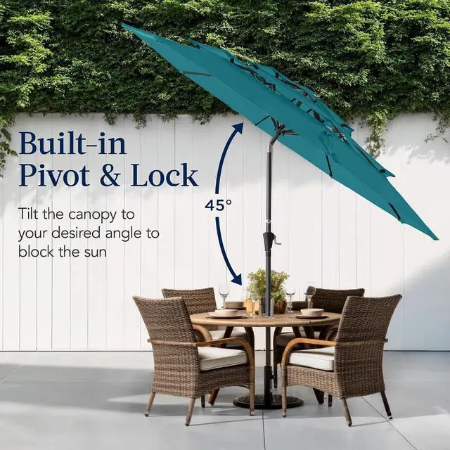 Alt view image 5 of 7 - 10ft 3-Tier Market Patio Umbrella, Outdoor Sun Shade with Tilt, Crank Lift, 8 Ribs for Backyard, Deck, Poolside Cerulean