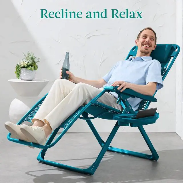 Alt view image 4 of 7 - Adjustable Zero Gravity Chair, Monochromatic Color Folding Patio Recliner w/Side Tray, Headrest - Peacock