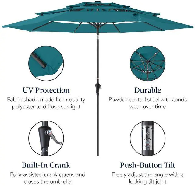 Alt view image 6 of 7 - 10ft 3-Tier Market Patio Umbrella, Outdoor Sun Shade with Tilt, Crank Lift, 8 Ribs for Backyard, Deck, Poolside Cerulean