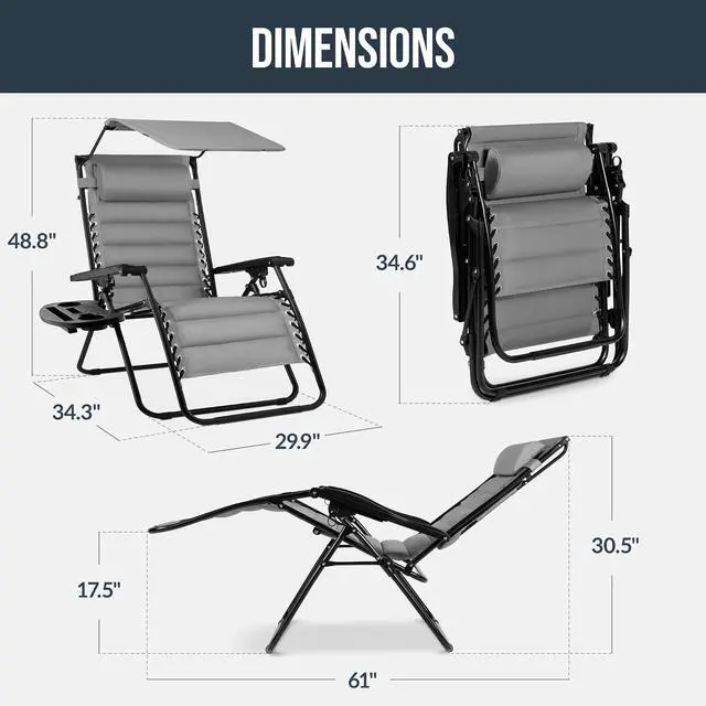 Alt view image 2 of 7 - Oversized Padded Zero Gravity Chair w/Canopy Headrest Cup Holder Side Tray, Folding Outdoor Patio Recliner Lounger - Ice Gray
