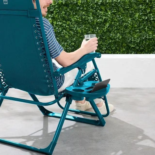 Alt view image 5 of 7 - Adjustable Zero Gravity Chair, Monochromatic Color Folding Patio Recliner w/Side Tray, Headrest - Peacock