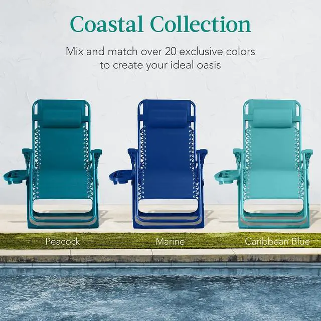 Alt view image 7 of 7 - Adjustable Zero Gravity Chair, Monochromatic Color Folding Patio Recliner w/Side Tray, Headrest - Peacock