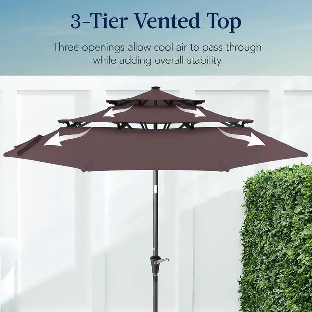 Alt view image 3 of 7 - 10ft 3-Tier Market Patio Umbrella, Outdoor Sun Shade with Tilt, Crank Lift, 8 Ribs for Backyard, Deck, Poolside Deep Taupe