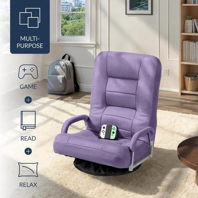 Alt view image 4 of 7 - Swivel Gaming Chair 360 Degree Multipurpose Floor Chair Rocker for TV, Reading, Playing Video Games w/Lumbar Support, Armrest Handles, Adjustable Foldable Backrest - Light Purple