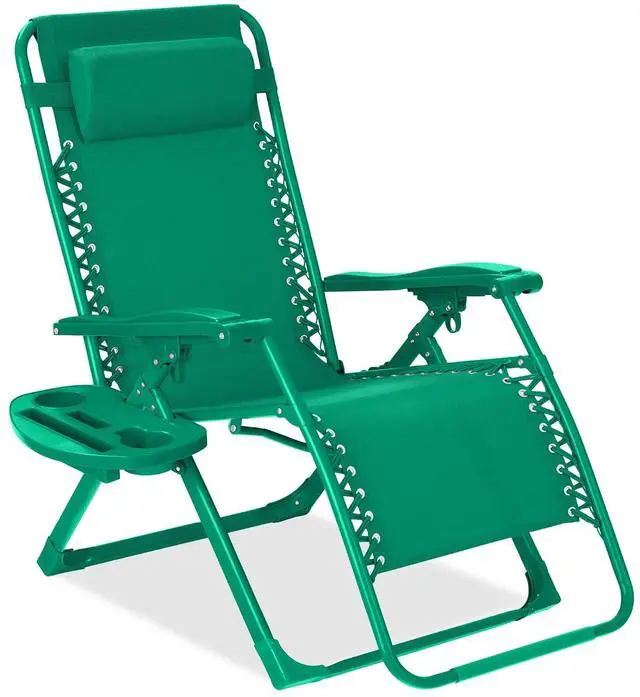 Main image of Adjustable Zero Gravity Chair, Monochromatic Color Folding Patio Recliner w/Side Tray, Headrest - Emerald