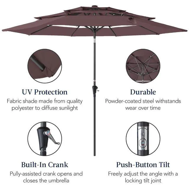 Alt view image 6 of 7 - 10ft 3-Tier Market Patio Umbrella, Outdoor Sun Shade with Tilt, Crank Lift, 8 Ribs for Backyard, Deck, Poolside Deep Taupe