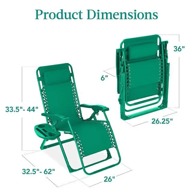 Alt view image 3 of 7 - Adjustable Zero Gravity Chair, Monochromatic Color Folding Patio Recliner w/Side Tray, Headrest - Emerald