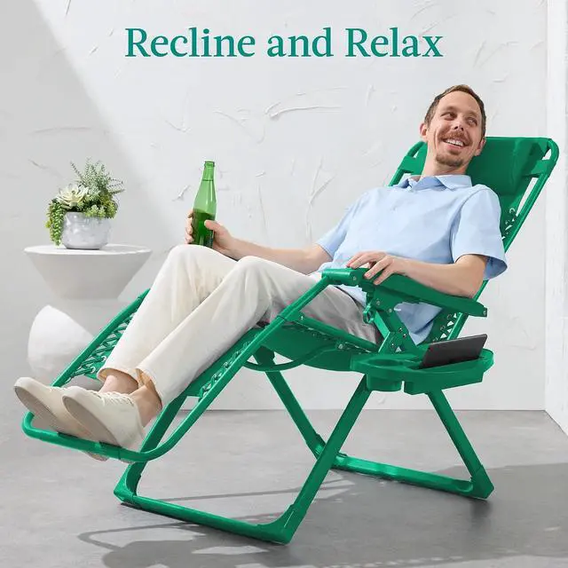 Alt view image 4 of 7 - Adjustable Zero Gravity Chair, Monochromatic Color Folding Patio Recliner w/Side Tray, Headrest - Emerald