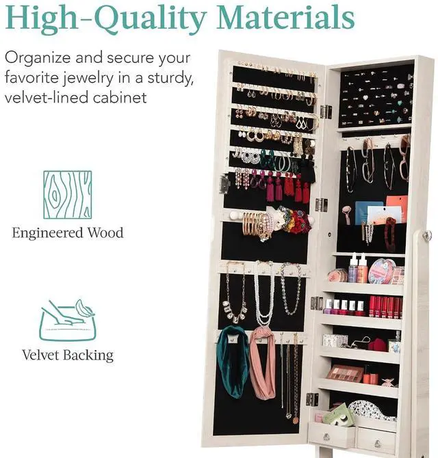 Alt view image 5 of 7 - Freestanding Jewelry Armoire Cabinet, Full Length Standing Mirror, Lockable Makeup Storage Organizer, w/Velvet Lining, 3 Angles, Lock, Accessory Pouch, 5 Shelves - Coastal White