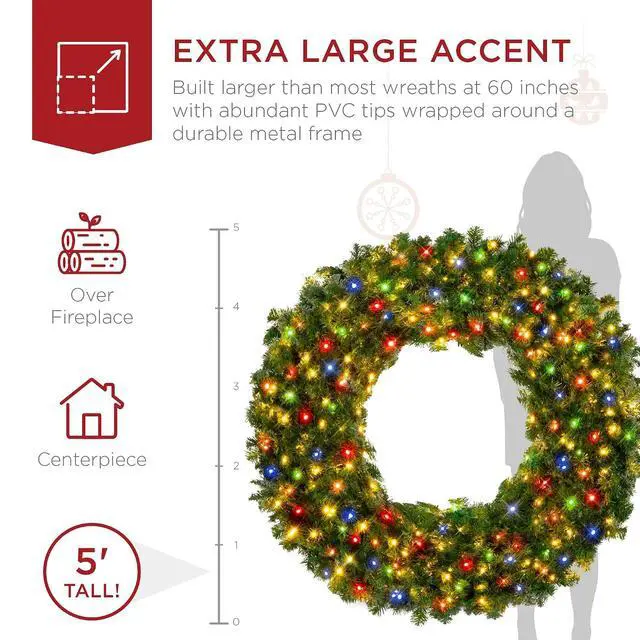 Alt view image 4 of 7 - 60in Large Artificial Pre-Lit Fir Christmas Wreath Holiday Accent Decoration w/ 375 Multicolor Lights, 930 PVC Tips