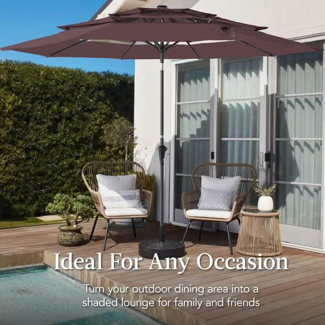 Alt view image 4 of 7 - 10ft 3-Tier Market Patio Umbrella, Outdoor Sun Shade with Tilt, Crank Lift, 8 Ribs for Backyard, Deck, Poolside Deep Taupe