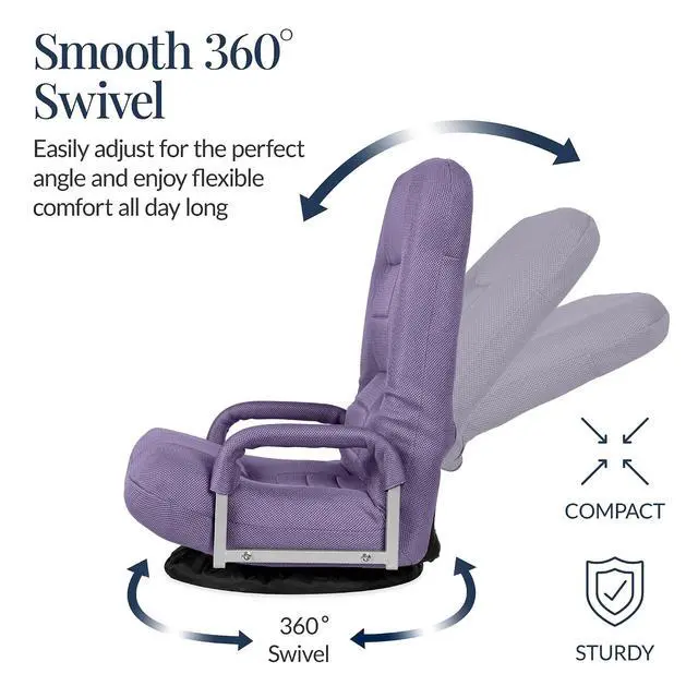 Alt view image 6 of 7 - Swivel Gaming Chair 360 Degree Multipurpose Floor Chair Rocker for TV, Reading, Playing Video Games w/Lumbar Support, Armrest Handles, Adjustable Foldable Backrest - Light Purple