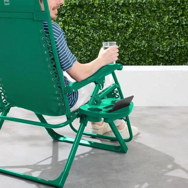 Alt view image 5 of 7 - Adjustable Zero Gravity Chair, Monochromatic Color Folding Patio Recliner w/Side Tray, Headrest - Emerald