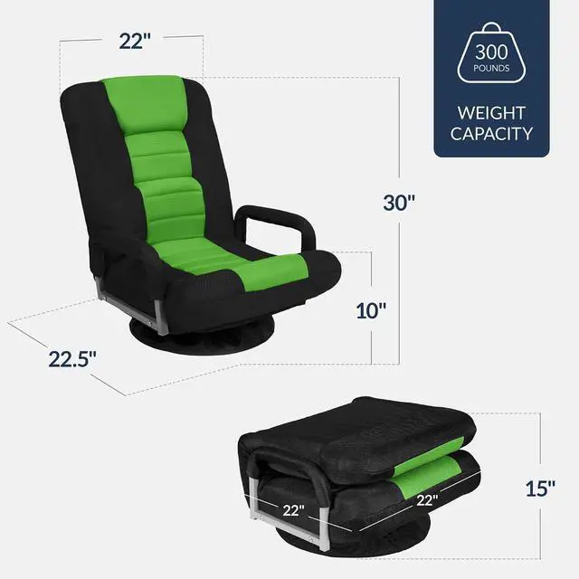 Alt view image 3 of 7 - Swivel Gaming Chair 360 Degree Multipurpose Floor Chair Rocker for TV, Reading, Playing Video Games w/Lumbar Support, Armrest Handles, Adjustable Foldable Backrest - Black/Green