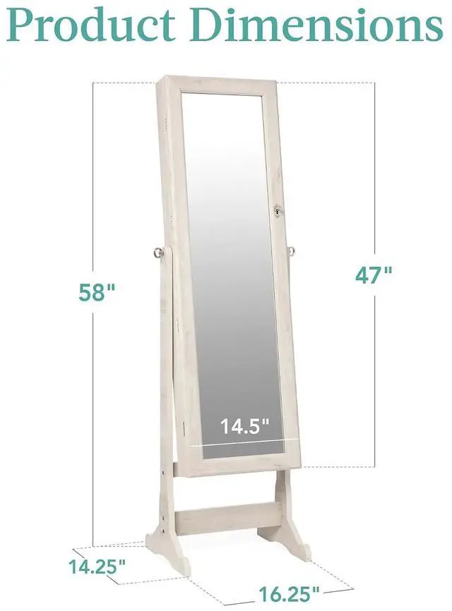 Alt view image 7 of 7 - Freestanding Jewelry Armoire Cabinet, Full Length Standing Mirror, Lockable Makeup Storage Organizer, w/Velvet Lining, 3 Angles, Lock, Accessory Pouch, 5 Shelves - Coastal White