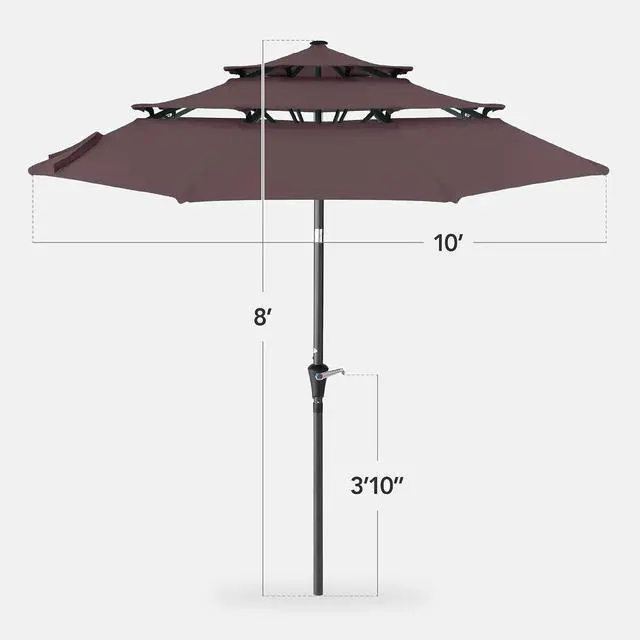 Alt view image 2 of 7 - 10ft 3-Tier Market Patio Umbrella, Outdoor Sun Shade with Tilt, Crank Lift, 8 Ribs for Backyard, Deck, Poolside Deep Taupe