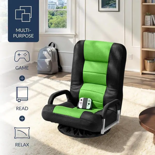 Alt view image 4 of 7 - Swivel Gaming Chair 360 Degree Multipurpose Floor Chair Rocker for TV, Reading, Playing Video Games w/Lumbar Support, Armrest Handles, Adjustable Foldable Backrest - Black/Green