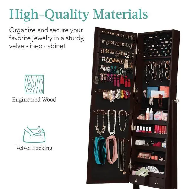 Alt view image 5 of 7 - Freestanding Jewelry Armoire Cabinet, Full Length Standing Mirror, Lockable Makeup Storage Organizer, w/Velvet Lining, 3 Angles, Lock, Accessory Pouch, 5 Shelves - Espresso